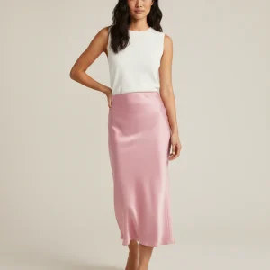 Jupe Rose Satinée Evasée Avec Ceinture Élastique Femme