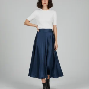 Jupe Satin Fluide Bleu Marine Chic
