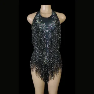 Body Strass Franges Joséphine noir et argent Taille S